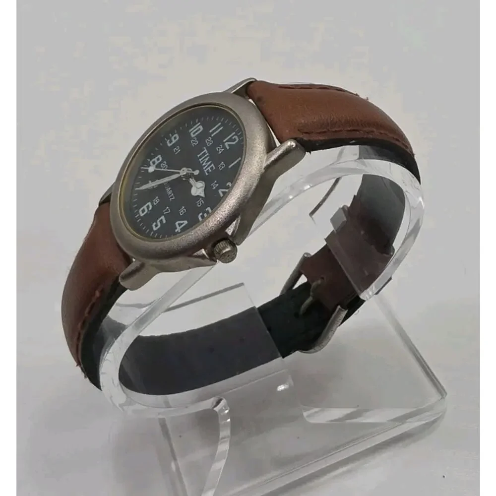Time Military Dial Silver Tone Quartz Brown Leather Band Watch New Battery W279